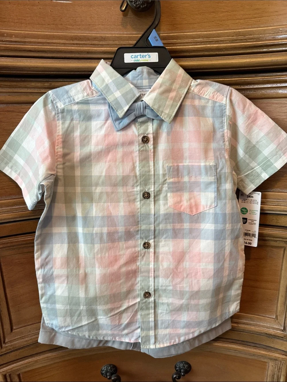 Carter's Pastel Plaid Button-Down Shirt with Light Blue Bow and Shorts